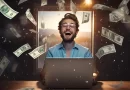 Pessoa digitando em um laptop com gráficos de crescimento e dinheiro na tela.