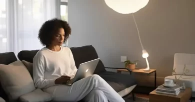 Mulher trabalhando em casa no sofá com notebook
