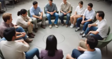 Pessoas em círculo participando de dinâmica de grupo.
