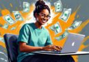 Uma pessoa sorridente trabalhando em um laptop, cercada por ícones representando diferentes formas de ganhar dinheiro online, como marketing digital, e-commerce e freelancing.
