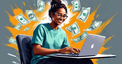 Uma pessoa sorridente trabalhando em um laptop, cercada por ícones representando diferentes formas de ganhar dinheiro online, como marketing digital, e-commerce e freelancing.