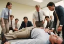 Executivo exausto caído no chão do escritório, simbolizando ambiente de trabalho tóxico.