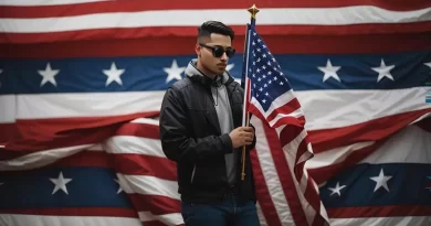 Homem orgulhoso exibe bandeira dos EUA.