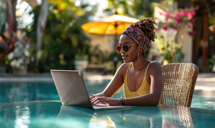 Imagem de uma mulher trabalhando em um notebook em um ambiente aconchegante e seguro, com foco no trabalho online e na remuneração.
