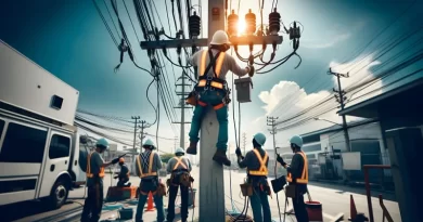 Eletricistas trabalhando em equipe em uma instalação elétrica.